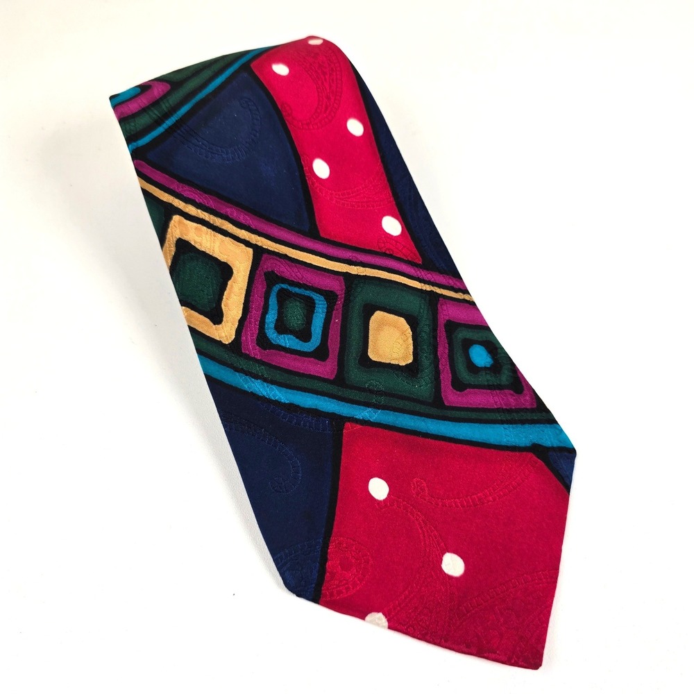 Vintage Robert Daskal Hand Painted Silk Tie Artist Signed Abstract Geometric USA